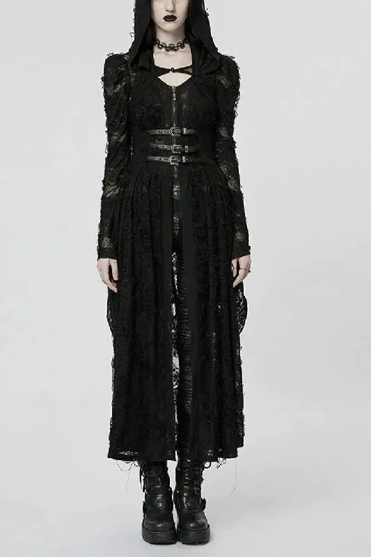 Black Two-piece Knit Ripped Hooded Womens Gothic Coat