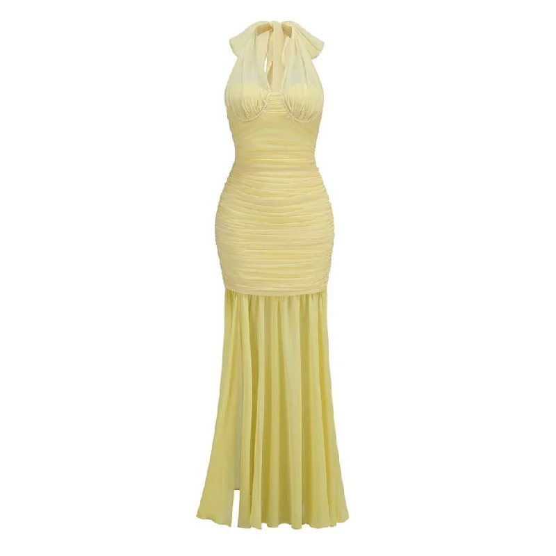 Versatile Scarf Halter Neck Mesh Ruched Split Chiffon Maxi Formal Dress