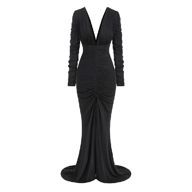 Sexy Deep V Neck Ruched Long Sleeve Split Fishtail Maxi Evening Dress