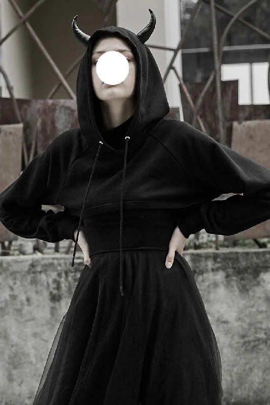 Black Demon Horn Decoration Long Sleeves Lace-Up Hooded Women's Gothic Coat