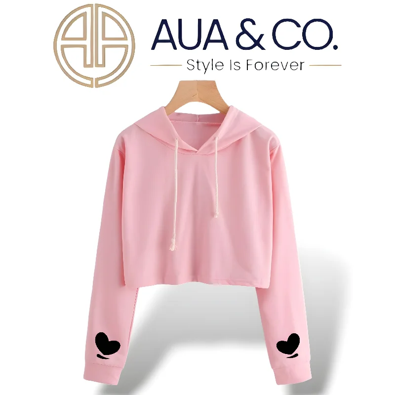 Stylish Women's Crop Hoodie - Pink with Black Heart Design | By AUA&CO