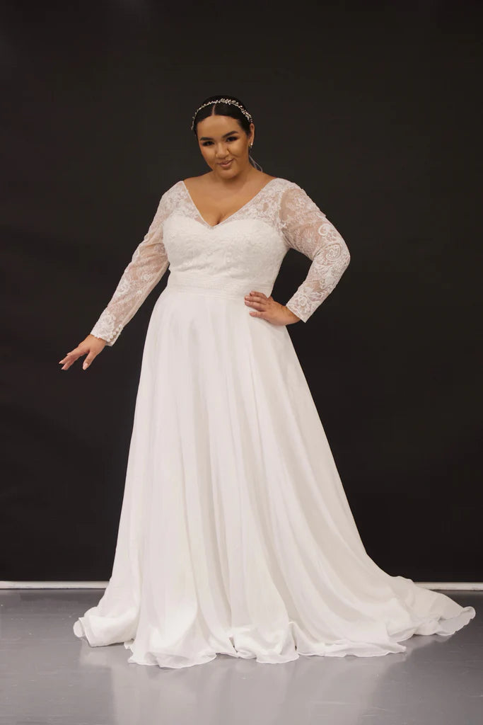 Michelle Bridal For Sydney's Closet MB2319 A-Line Lace Chiffon Net Long Sleeves With Detachable Cuff V-Bodice Plus Size "Hedy" Bridal Gown