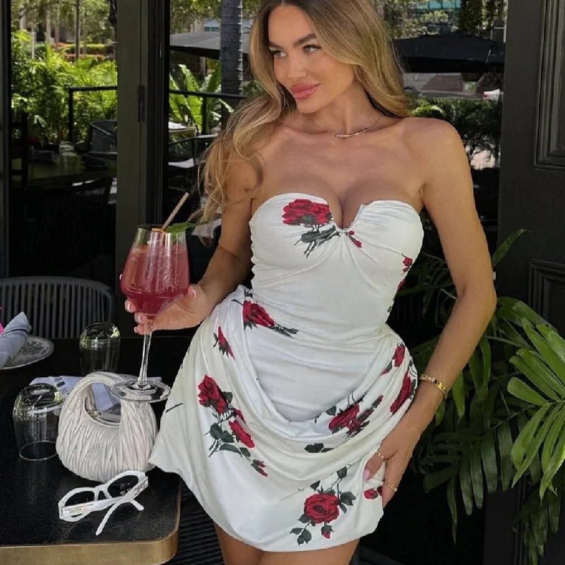 Romantic Rose Print Draped Drop Waist Bodycon Notch Strapless Mini Dress