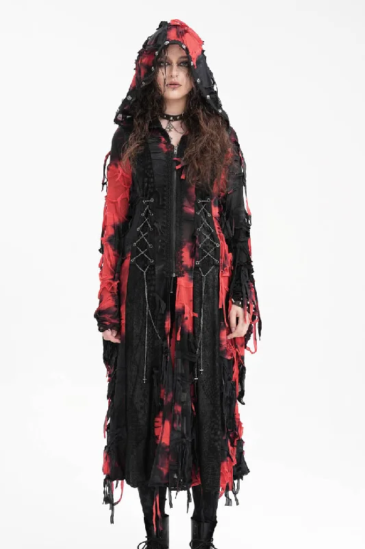 Black/Red Long Sleeves Lace Ripped Zipper Women's Punk Coat