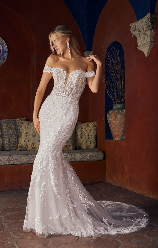 Casablanca Bridal 2554 Rochelle Wedding Dress Fit And Flare Off The Shoulder Plunging Neckline Sequin Floral Lace Train