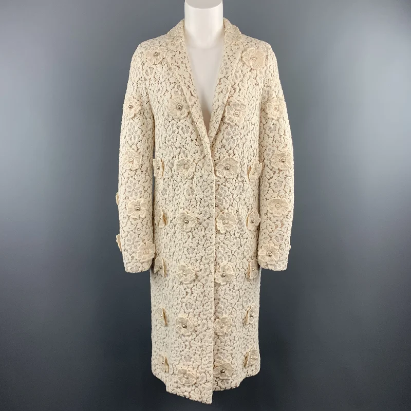 CHLOE Size 4 Cream Lace Faux Pearl Flower Notch Lapel Evening Coat