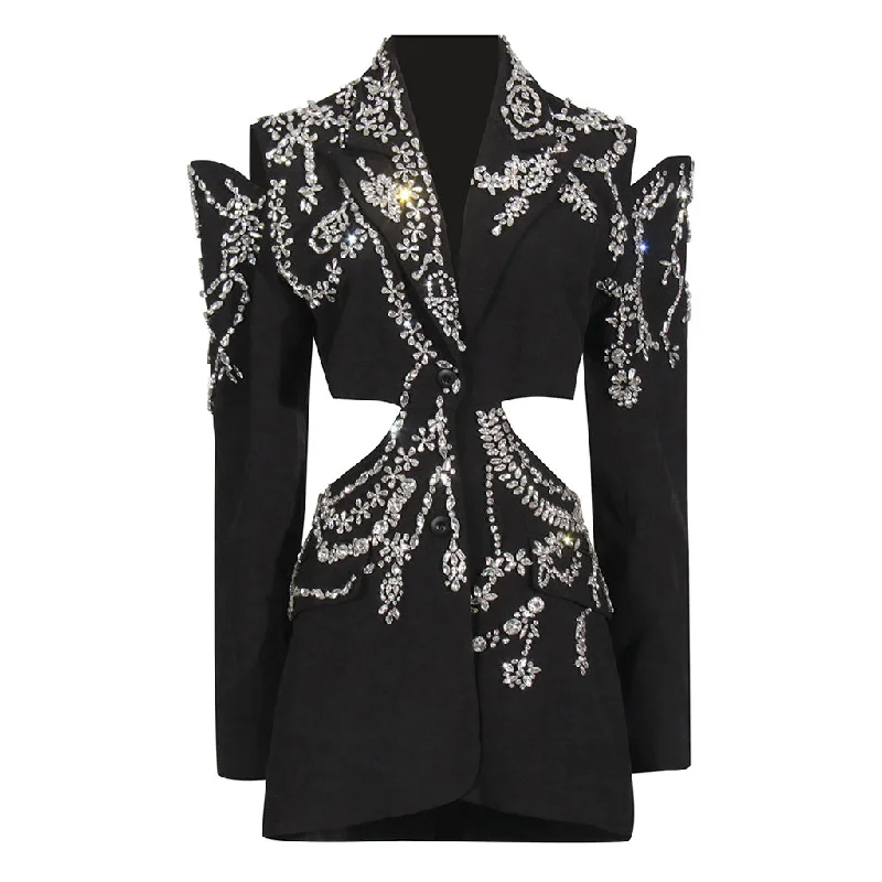 Opulent Crystal Embellished Lapel Cutout Long Sleeve Blazer Mini Dress