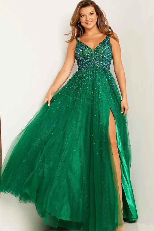 Jovani 38437 tulle A line prom dress stones paillettes slit v neckline