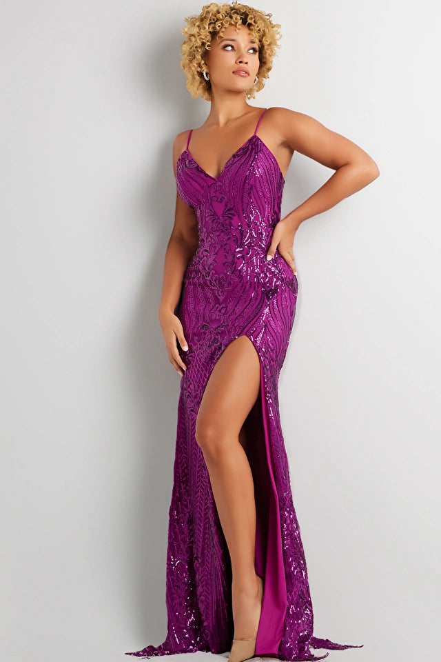 Jovani 38337 Long Prom Dress Fitted Sheath Sequin High Slit V Neckline Formal Pageant Gown