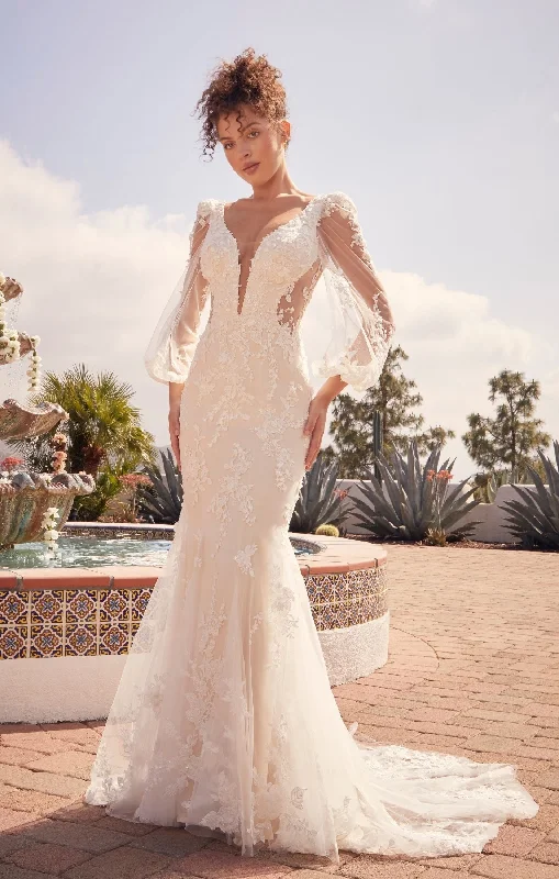 Casablanca Beloved BL434 Mermaid Sheer Long Sleeve V-Neck Open Back Lace Floral Tulle Train Wedding Gown