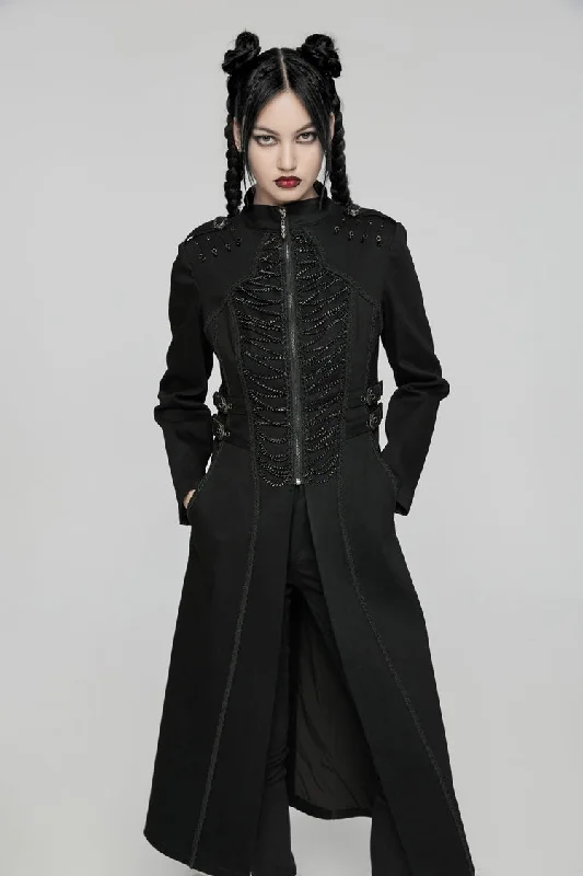 Black Stand Collar Chain Zipper Long Sleeves Women's Gothic Long Coat