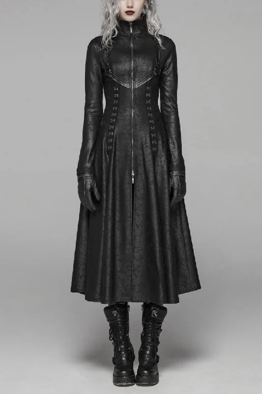 Black Stand Collar Long Sleeves Metal Ring Woven Strap Womens Gothic Long Coat