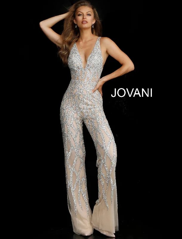 Jovani 61573 Size 4 Silver Nude Crystal Beaded Pageant Formal Couture Jumpsuit