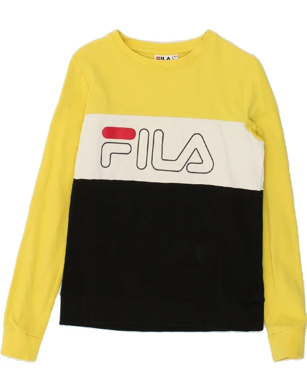 FILA Womens Graphic Sweatshirt Jumper UK 6 XS Yellow Colourblock