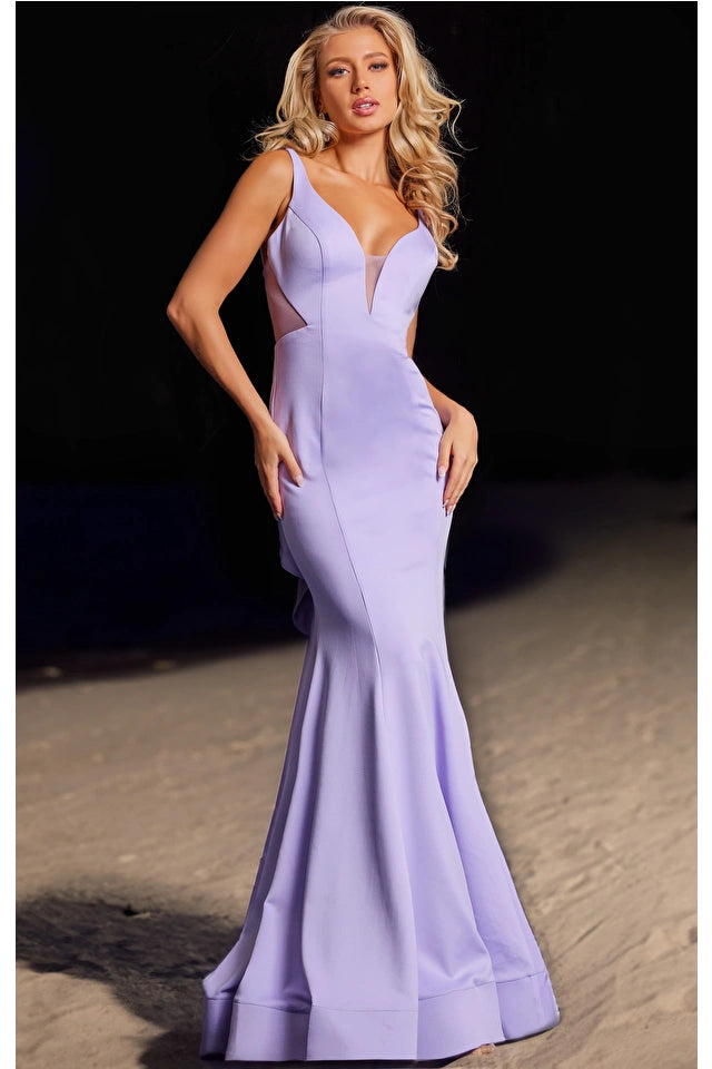 Jovani 37430 Long Prom Dress Fitted  Plunging V Neckline Satin Ruffle Back Formal Pageant Gown