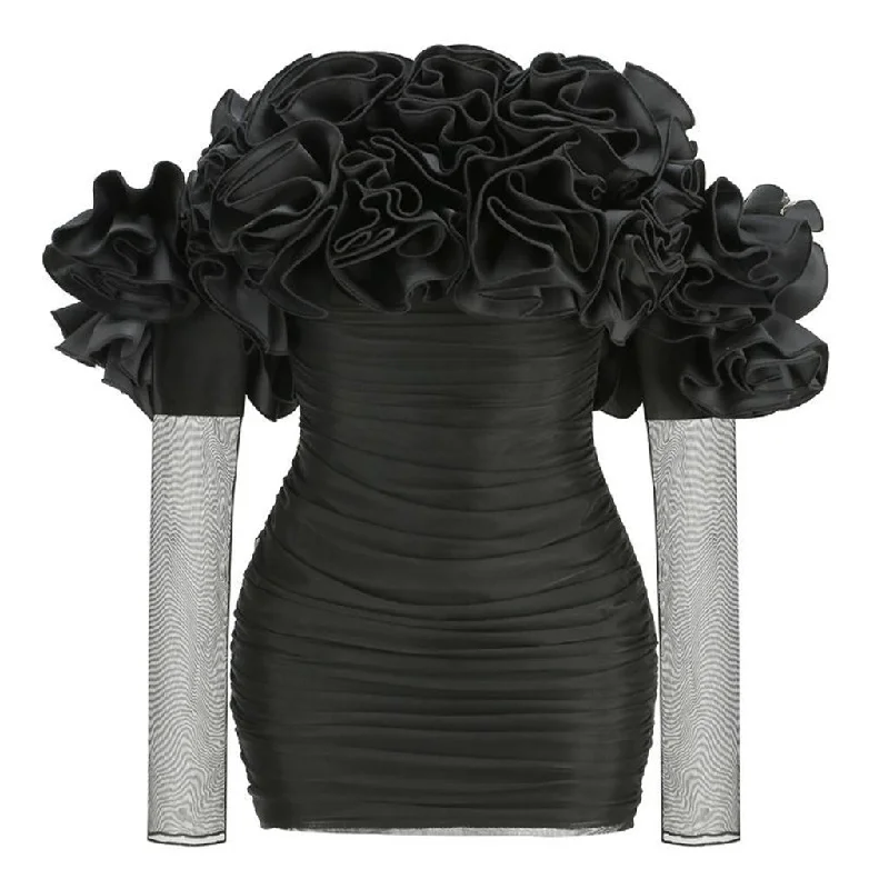 Voluminous Rosette Corsage Off Shoulder Sheer Mesh Ruched Mini Party Dress