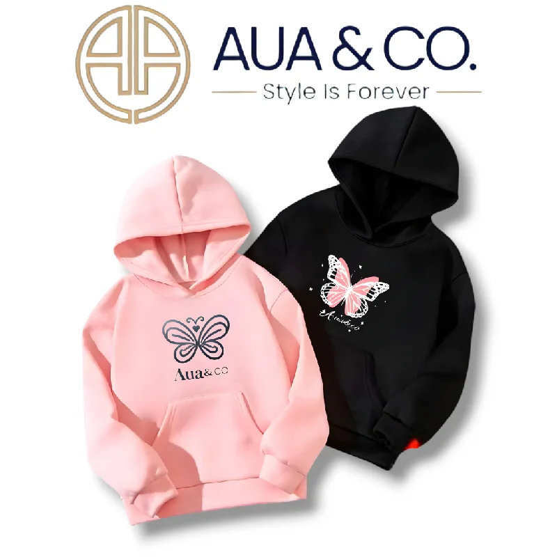 AUA&CO Pack of 2 Women's Hoodies | Winter Fleece | Butterfly Print | Pink & Black