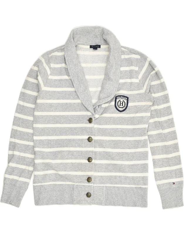 TOMMY HILFIGER Womens Cardigan Sweater UK 16 Large Grey Striped Cotton