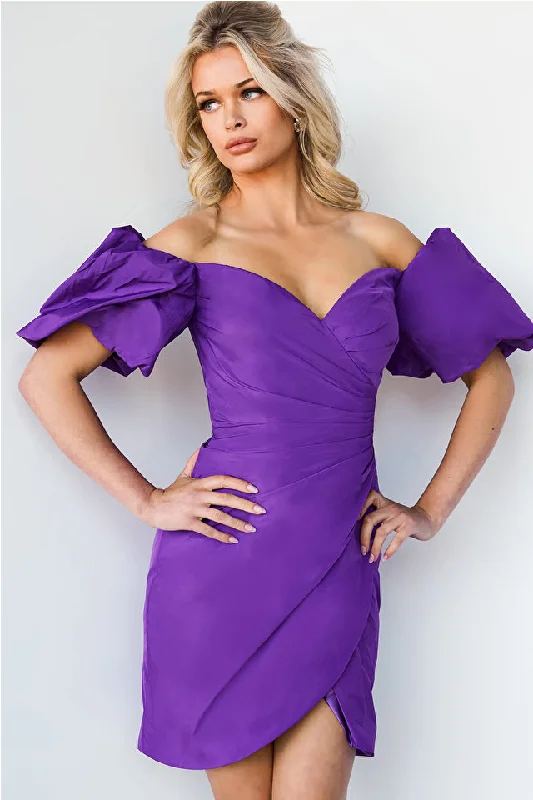 Jovani 09476 Off The Shoulder Cocktail Dress Puff Sleeve Ruched Wrapped Skirt Sweetheart Neckline Homecoming Dress