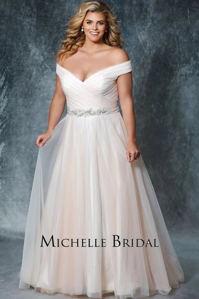 Michelle Bride For Sydney's Closet MB1812 A-Line V-Neck Lace Up Back Off The Shoulder Straps Pleated Plus Size "Gwenyth" Bridal Gown