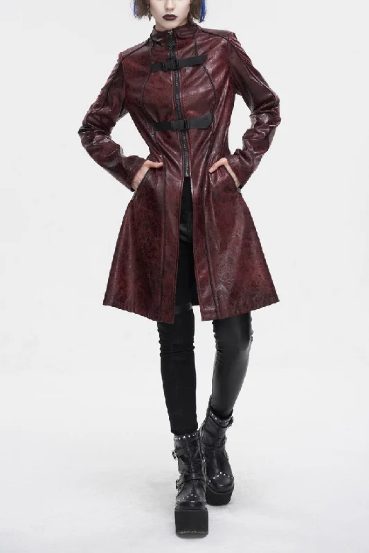 Red Double Buckle Faux Leather Long Women's Punk Coat