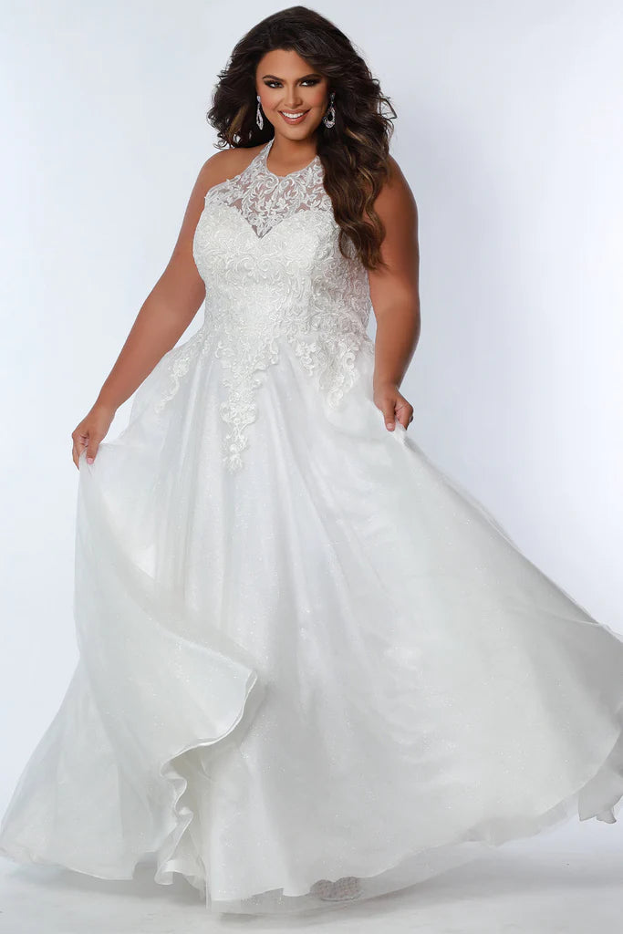 Sydney's Closet SC7352 A-Line Glitter Tulle Lace Appliques Lace Up Back Halter Neckline Plus Size Prom Dress