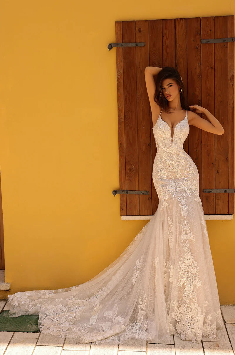 Amarra Bridal 84210 "Carmen" Mermaid Plunging Neckline Floral Embroidered Spaghetti Strap Train Wedding Gown