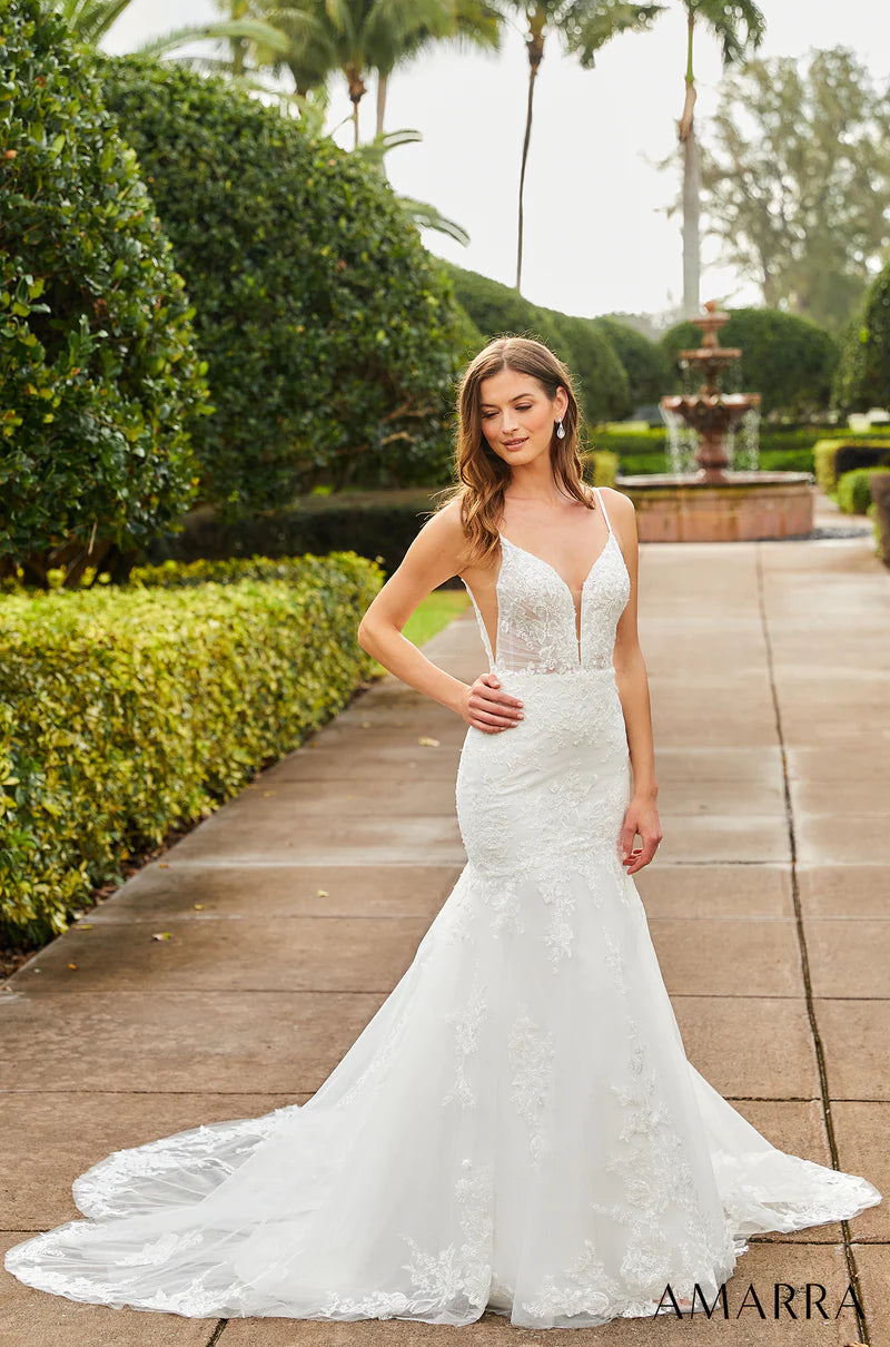 Amarra Bridal 84365 "Alexandra" Mermaid Spaghetti Strap Plunging neckline Sheer Embroidered Bodice Wedding Gown