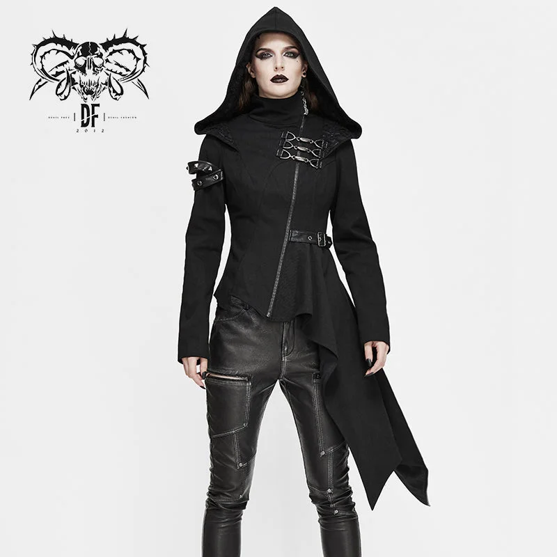 CT157 asymmetrical women black zipper up punk hooded jacket