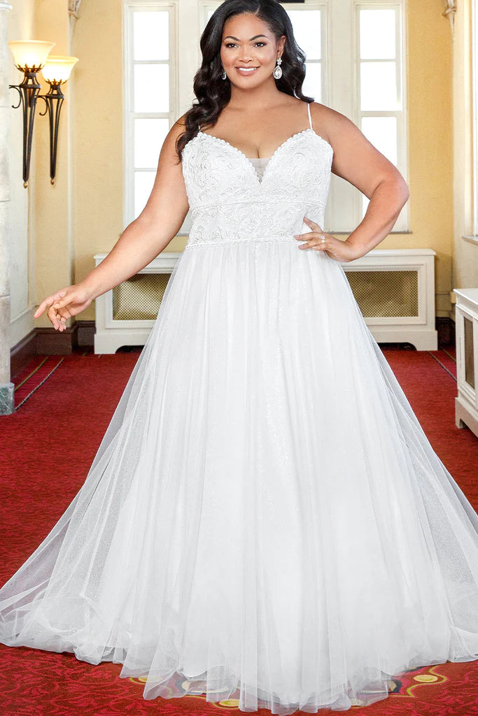 Michelle Bridal For Sydney's Closet MB2318 A-Line Lace Clear Sequins Soft Bridal Tulle Glitter Tulle Lace Trim Satin Plus Size "Coralie" Bridal Gown