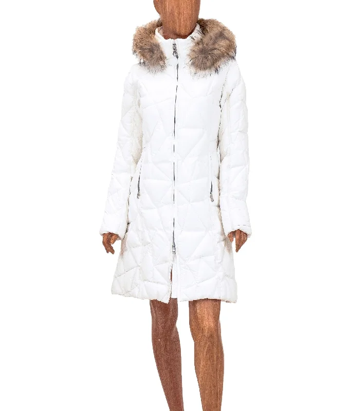 White Down Parka with Fur Trim Hood