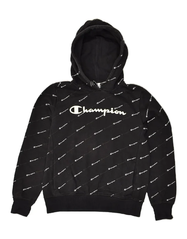 CHAMPION Womens Graphic Hoodie Jumper UK 14 Medium Black