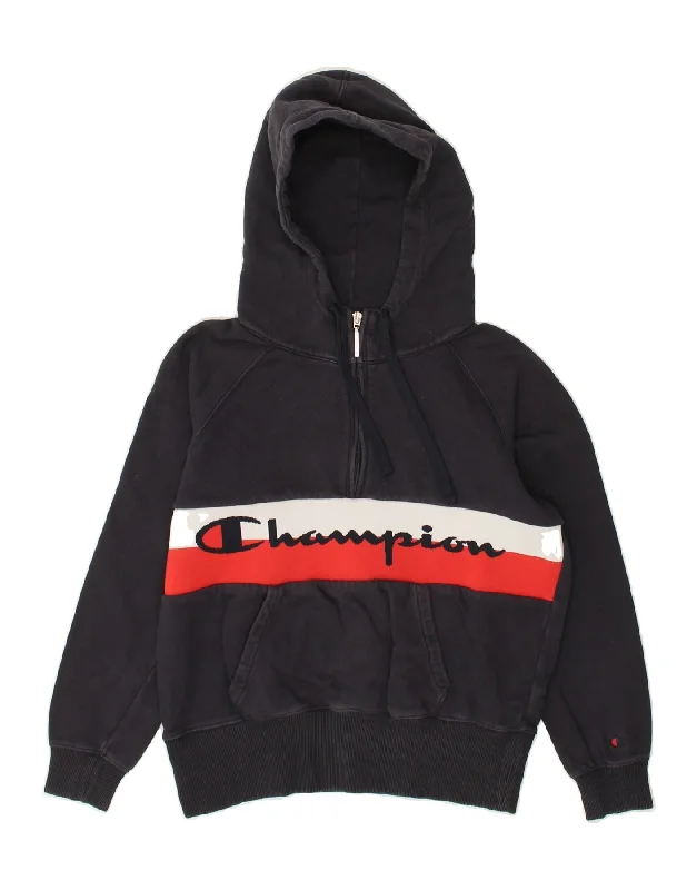 CHAMPION Womens Graphic Zip Neck Hoodie Jumper UK 10 Small Navy Blue