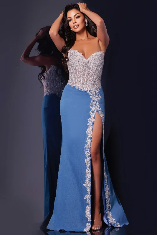 Jovani 43341 Sheer Lace Crystal Corset Denim Prom Dress Strapless Pageant Gown Slit