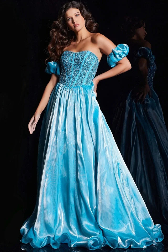 Jovani 36591 Long Prom Dress Corset Fit and Flare Beaded Dress Detachable Ruffle Sleeve Formal Pageant Gown