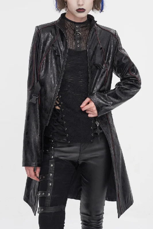 Black Double Buckle Faux Leather Long Women's Punk Coat