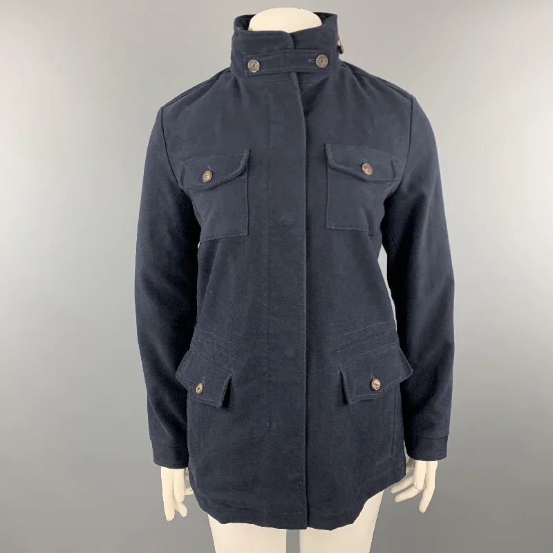 LORO PIANA Size 10 Navy Cotton High Collar Zip Hood Jacket