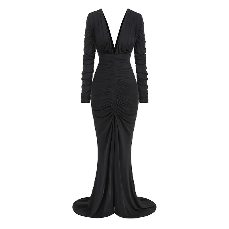 Sexy Plunge V Neck Long Sleeve Ruched Split Train Fishtail Maxi Dress