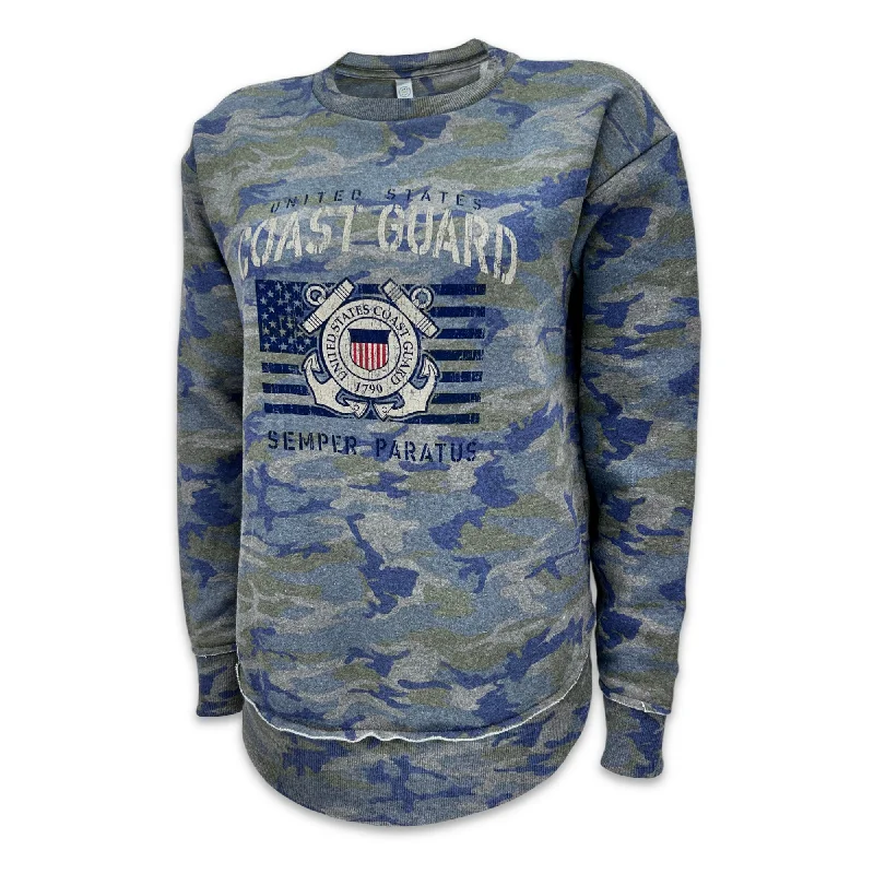 Coast Guard Ladies Vintage Stencil Fleece Crewneck (Camo)