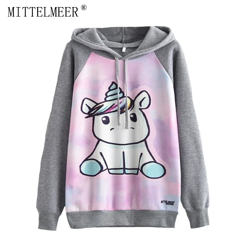 MITTELMEER 2018 Autumn winter Harajuku printed Hooded Sweatshirt printing cartoon Unicorn owl cat Hoodies girls women Christmas