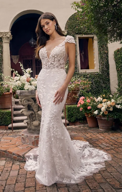 Casablanca Bridal 2543 Delphine Wedding Dress Fitted 3D Floral Lace Deep V-Neck Detachable Cap Sleeves Train Wedding Gown