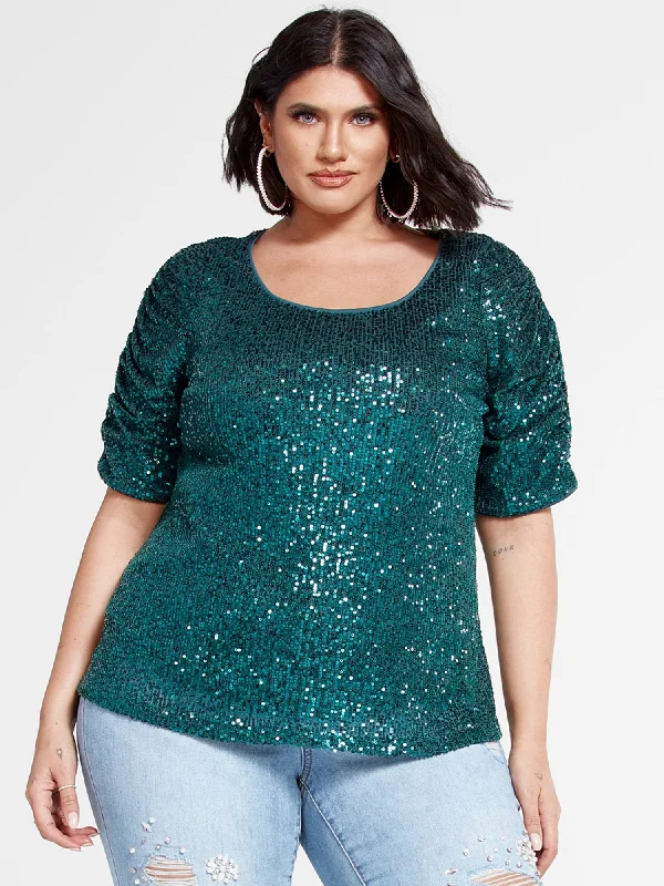 Hillary Ruched Sleeve Sequin Top