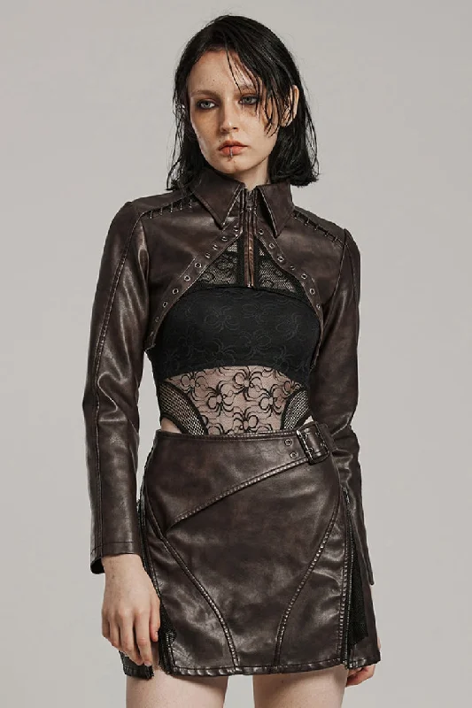 Brown Lapel Collar Long Sleeves Stitching Women's Faux Leather Punk Short Jacket