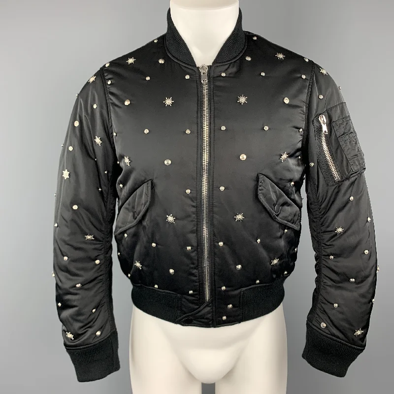 SANDRO Size XS Black Silver Tone Star Studded Nylon Bomber Flight Jacket