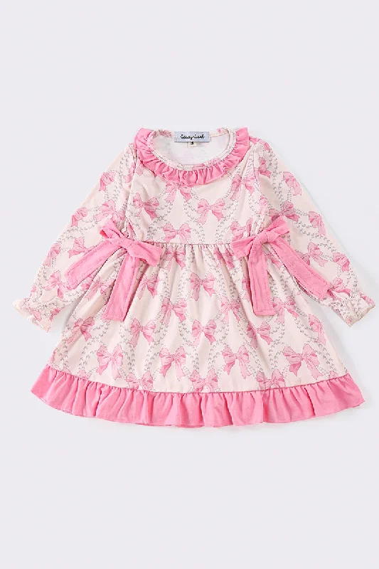 Pink bow print girl dress