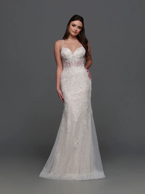 Davinci Bridal F123 Long Beaded Sheer Wedding Dress Mermaid Bridal Gown V Neck Shimmer