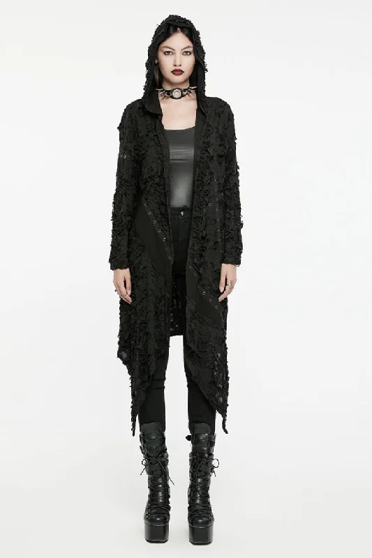 Black Ruffle Hooded Ripped Asymmetric Women's Punk Long Coat