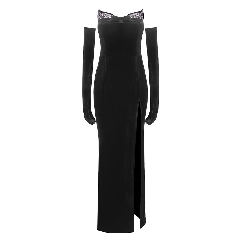 Opulent Crystal Bow Trim Strapless Opera Glove Split Velvet Maxi Fishtail Dress