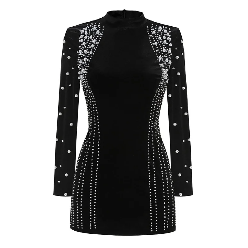 Opulent Faux Pearl Embellished Long Sleeve Velvet Bodycon Mini Party Dress