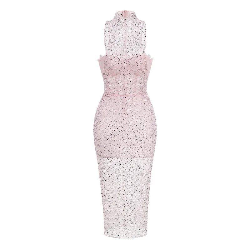 Sweet High Neck Bustier Sleeveless Sheer Rhinestone Mesh Midi Dress